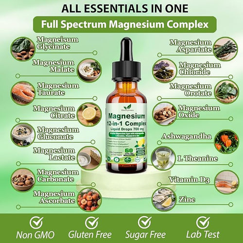 2 Pack 12-in-1 Magnesium Complex Liquid Drops Chelated Magnesium Citrate Glycinate Taurate Malate Aspartate w. Ashwagandha Theanine D3 &amp Zinc for Relaxation Sleep Immune Health &amp Muscle Funct