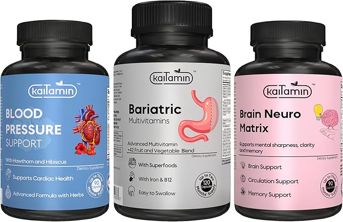 Bariatric Multivitamin with Iron + Vitamin Brain Matrix with Ginkgo Biloba + Blood Pressure Support Supplement with Garlic Hibiscus and Hawthorn