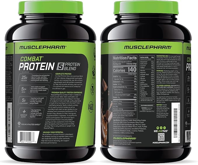 Muscle Pharm Combat Protein Powder Chocolate Milk Flavor Fuels Muscles for Productive Workouts 5 Protein Sources Including Whey Protein Isolate &amp Egg Albumin Gluten Free 2 lb 24 Servings