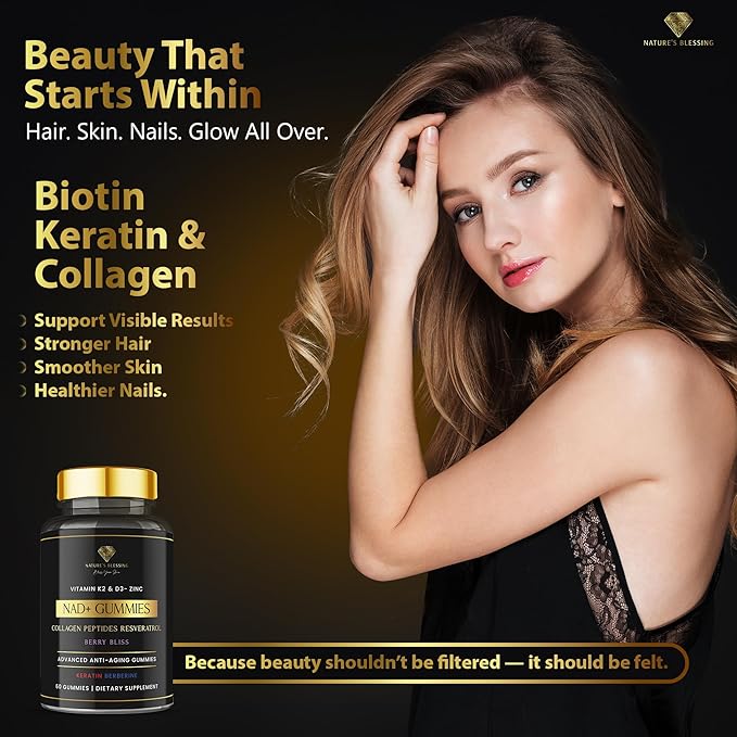 Nature's Blessing NAD+ Anti-Aging Gummies – Boost Cellular Repair Brain Clarity &amp Radiant Skin – with Biotin Collagen Resveratrol Vitamin D3 K2 Zinc &amp Keratin – Delicious Berry Bliss