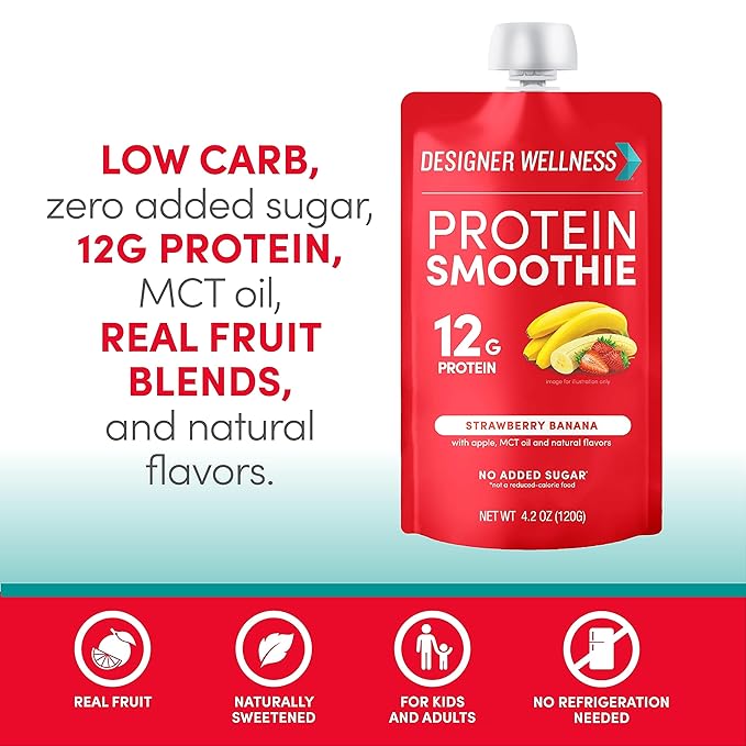 Designer Wellness Protein Smoothie Real Fruit 12g Protein Low Carb Zero Added Sugar Gluten-Free Non-GMO No Artificial Colors or Flavors Strawberry Banana 24 Count