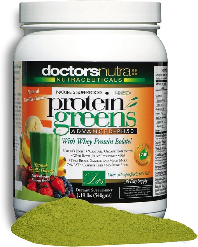 PH50 Whey Protein Greens Drink with Certified Organic Ingredients 1.19 Pounds (540 Grams) 50 Superfoods with Digestive Enzymes Natural Vanilla Flavor