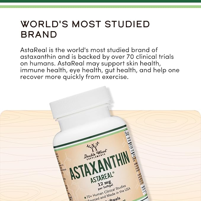 Astaxanthin 12mg Max Strength (Only Patented Astaxanthin (Astrareal) with 70+ Human Clinical Trials - World's Most Studied Brand) Grown Harvested and Made in The USA (Astaxantina) by Double Wood