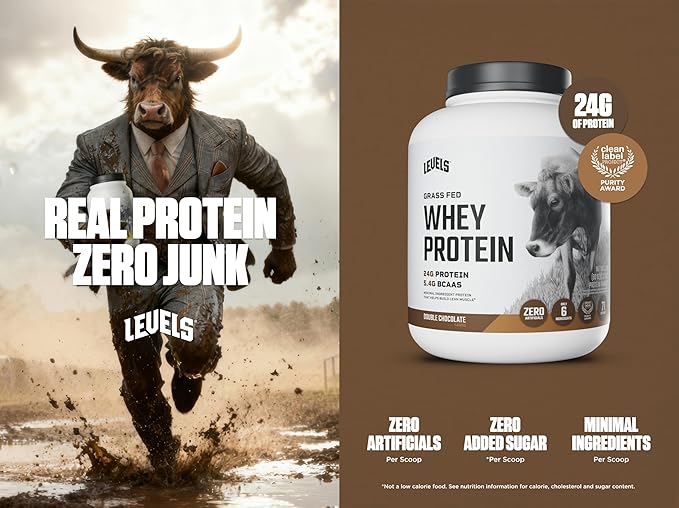 Levels Grass Fed Whey Protein Powder No Artificials 24G of Protein Double Chocolate 5LB