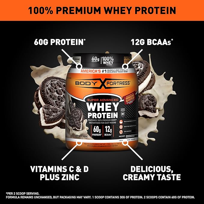 Body Fortress Super Advanced Whey Protein Powder Cookies N’ Creme 60g Protein &amp 12g BCAAs Per 2 Scoops Muscle Gain &amp Recovery Immune Support with Vitamins C &amp D 1.78lbs (Packaging May