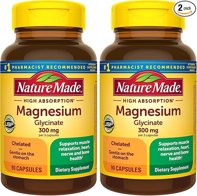 Nature Made High Absorption Magnesium Glycinate 300mg per 3 Capsules Mg-Supplement for Muscle Heart Nerve and Bone Support 90 Mg Bisglycinate Capsules 30 Day Supply(Pack of 2)