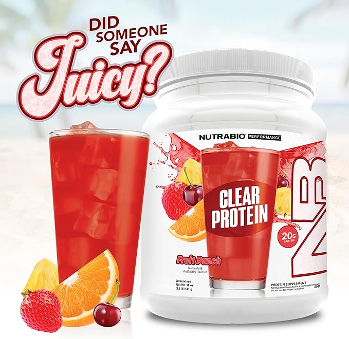 NutraBio Clear Protein Powder Fruit Punch - 20 Servings 20g Clear Whey Protein Isolate 0 Sugar 0g Lactose Refreshing Fruit Flavors GLP1 Support - Bone Health - Muscle Post Workout Recovery