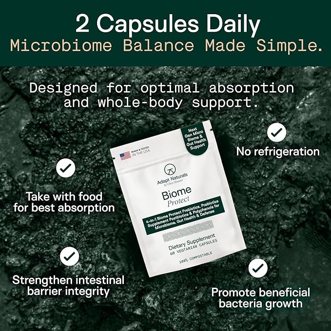 Adapt Naturals 4-in-1 Biome Protect Prebiotics Probiotics Supplement Postbiotics &amp Polyphenols for Microbiome Gut Health &amp Defense for Women &amp Men 30 Day Supply