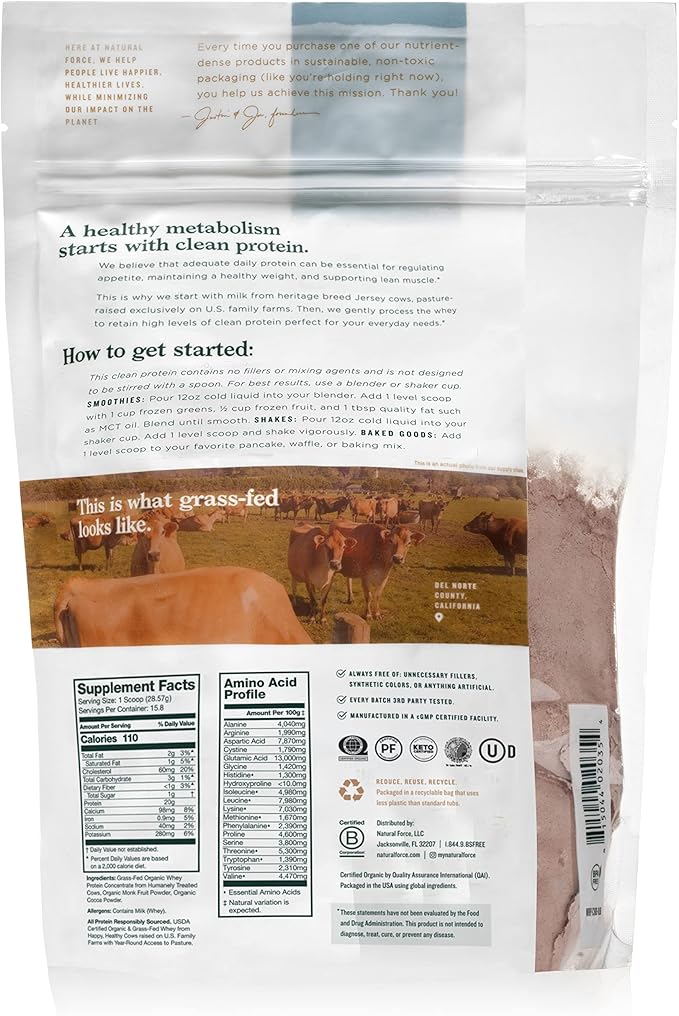 Natural Force Whey Protein Powder – Chocolate 1 LB Pure Organic Bone Broth Protein Powder Unflavored 10.8 oz