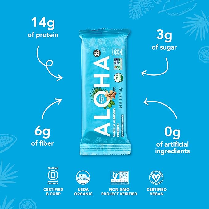 ALOHA Organic Plant Based Protein Bars Vanilla Almond Crunch 1.98-Ounce Bars (Pack of 12)