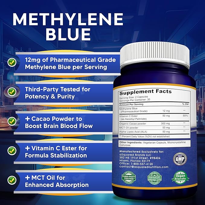 aSquared Nutrition Methylene Blue Capsules - Pharmaceutical Grade Supplement for Humans - 12mg Per Serving USP Grade - w/Vitamin C &amp Cacao Powder - Brain Focus Energy - Alt to Drops &amp Tablet