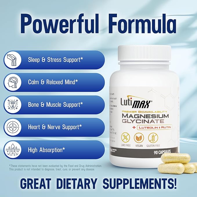 Lutimax Magnesium Glycinate 500mg w/Premium Luteolin &amp Rutin Blend - 100mg Elemental Magnesium for Stress Calm Relaxation &amp Sleep Support - Vegan Non-GMO Gluten Free &amp Made in USA -