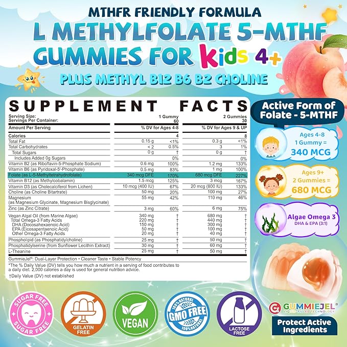 Kids Probiotic + Prebiotic Fiber Gummies 5G 12 Billion CFU Probiotic &amp Veggie Fruit Fiber + Kids L-Methylfolate Gummies Active 5-MTHF + Methyl B12 Vitamin B6 B2 Choline Vegan Omega 3 DHA &am