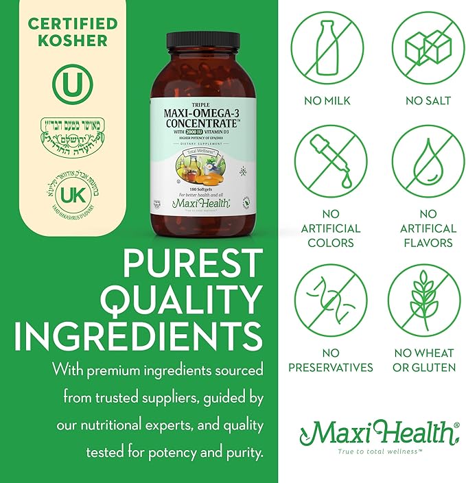 Maxi Health Triple Omega 3 Fish Oil Concentrate with 2000 IU Vitamin D3 – Enteric Coated Fish Oil Omega 3 Supplements with High EPA DHA for Heart Brain Joint and Eye Support Kosher 180 Softgels