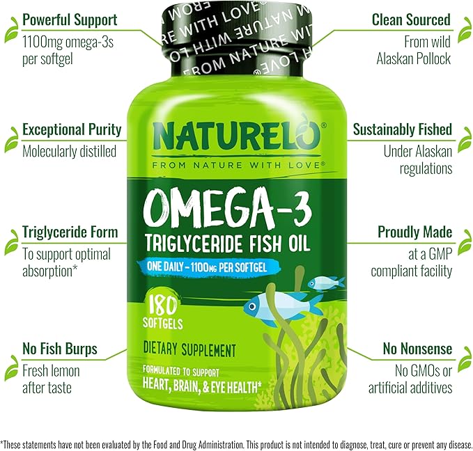 NATURELO Burpless Omega 3 Fish Oil Supplement - 1100mg Triglyceride Omega-3 EPA + DHA for Heart Eye Brain Joint Health - 180 Softgels 6 Months Supply