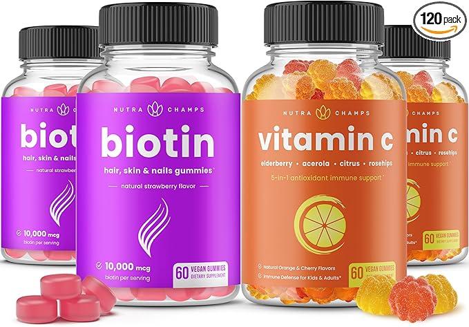 NutraChamps Biotin Gummies (2 Pack) and Vitamin C Gummies (2 Pack) 4 Pack Bundle