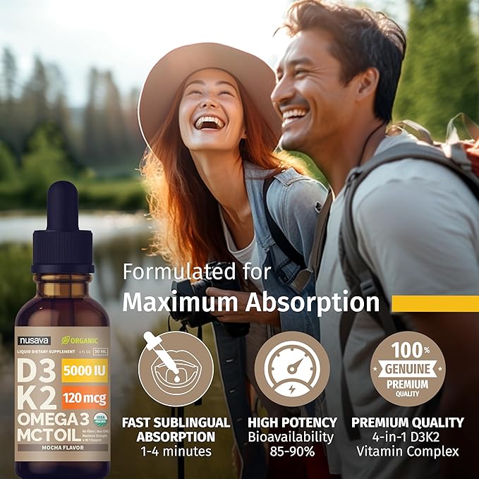 NUSAVA (2 Pack) Organic Vitamin D3 K2 Drops with MCT Oil Omega 3 5000 IU Maximum Strength Vitamin D Liquid No Fillers Non-GMO Liquid D3 for Faster Absorption and Immune Support (Mocha 2 Fl Oz)