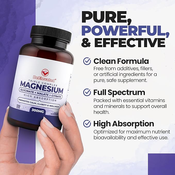 High Absorption Triple Magnesium Complex for Sleep Relaxation &amp Muscle Support – 300mg of Magnesium Glycinate Citrate &amp Malate – Gentle on Stomach – Non-GMO Vegan – 120 Capsules