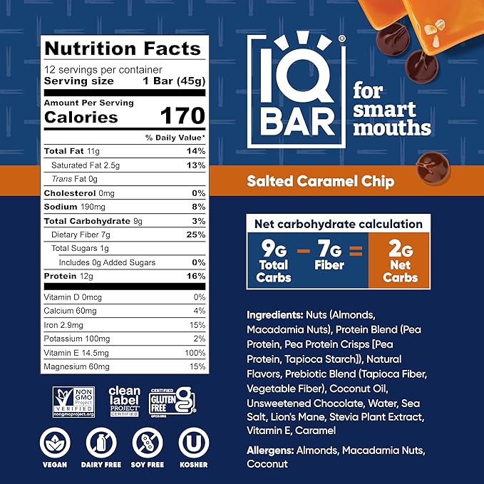 IQBAR Clean Plant Protein Bars - Salted Caramel Chip - 12 Count - Keto Vegan High Fiber Gluten and Dairy Free Low Sugar Snack - Brain and Body Nutrients for Focus Energy Meal Replacement