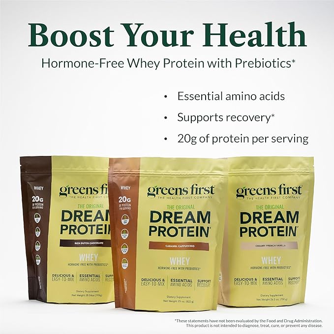 Greens First Dream Protein Powder Whey - 20g Protein Per Serving - Hormone-Free with Prebiotics - Non-GMO - No Artificial Sweeteners/MSG/Aspartame (Creamy French Vanilla 26.5 oz)