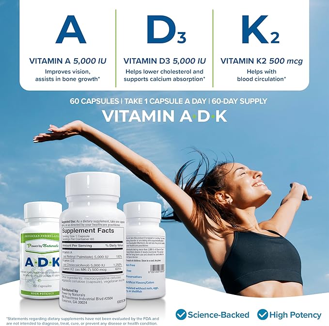 Power By Naturals ADK Vitamin Supplement – High Potency Blend of Vitamin A D3 5000 IU &amp K2 MK7 for Bone Health – Vitamin A D K Supplement – 60 Capsules (2 Month Supply)