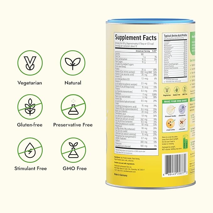 Almased Protein Powder GLP-1 Nutrition Support Supplement Meal Replacement Shake for Weight Loss high protein complete nutrition (Vanilla Flavor 3 Cans @ 17.6 oz ea + scoop + 700ml Shaker Bottle