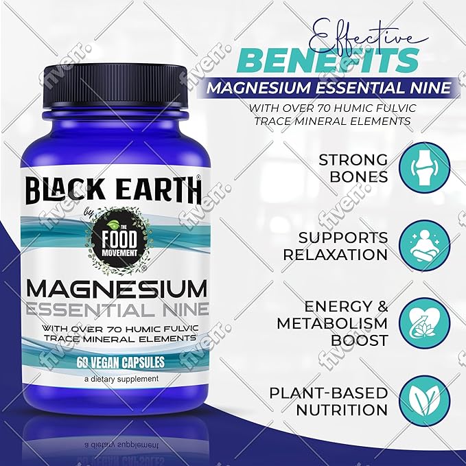 The Food Movement Co. Black Earth Magnesium Essential Nine - Magnesium Glycinate Citrate Malate and More - 9 Bioactive Forms for Optimal Health (60 Count)