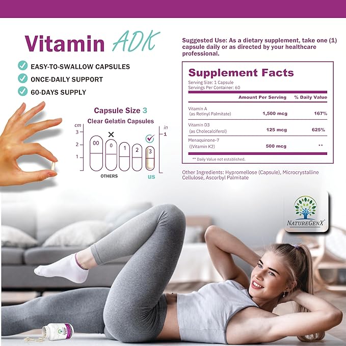 ADK Vitamin Supplement - Enhanced Bone Health with High Potency Vitamins A D3 K2 Gluten-Free 60 Capsules (Pack of 2)