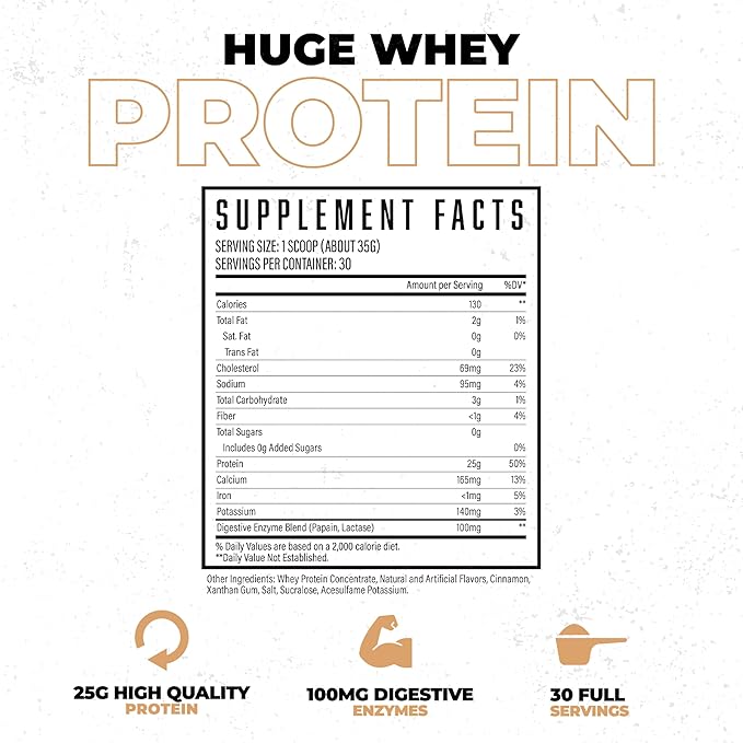 Huge Whey Protein Powder for Muscle Gain 25g Protein 12g EAAs Supports Muscle Growth Performance &amp Recovery (Cinnamon Bun 30 Servings)