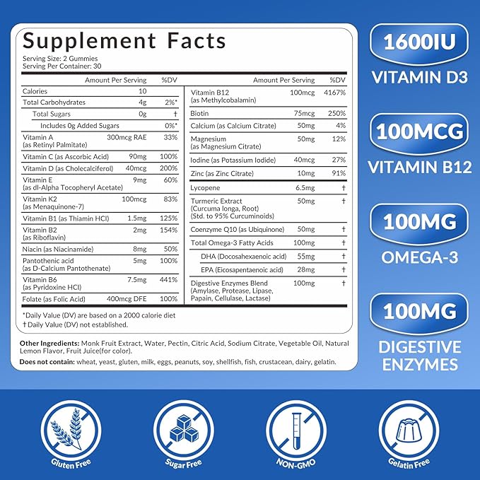 Mens Multivitamins Gummies Omega 3 CoQ10 Turmeric Lycopene Digestive Enzymes Daily Mens Vitamins A C D E B6 B12 Methylated Multivitamin for Men - Energy Immunity Sugar Free Vegan
