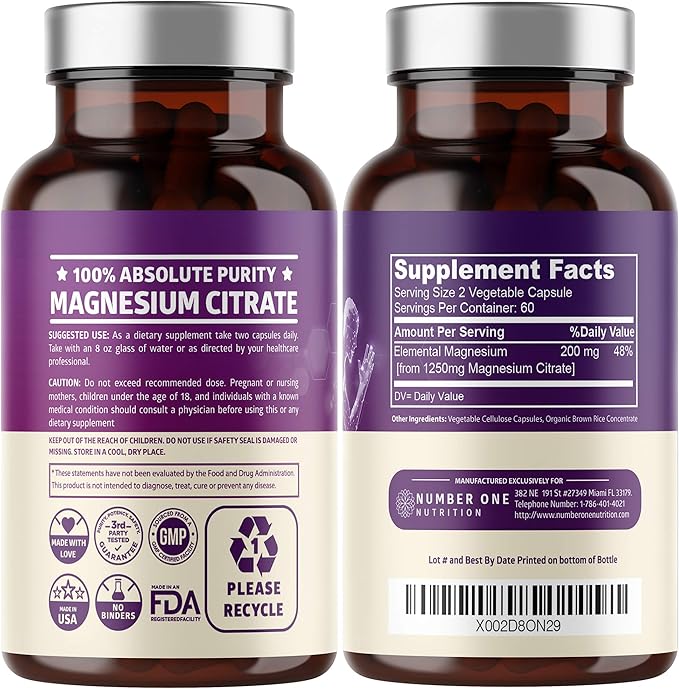 Pure Magnesium Citrate Capsules 1250mg Easily Absorbed and Purified Trace Mineral for Muscle and Digestive Support 120 Caps