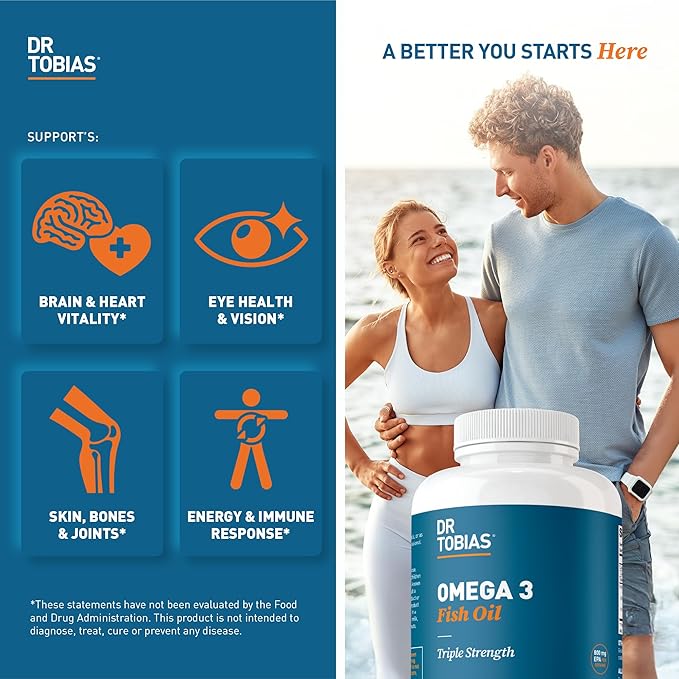 Dr. Tobias Omega 3 Fish Oil 2000mg Triple Strength with 800mg EPA 600mg DHA Per Serving | Fish Oil Omega 3 Supplements for Heart Brain &amp Immune Support - 360 Softgels (180 Servings)
