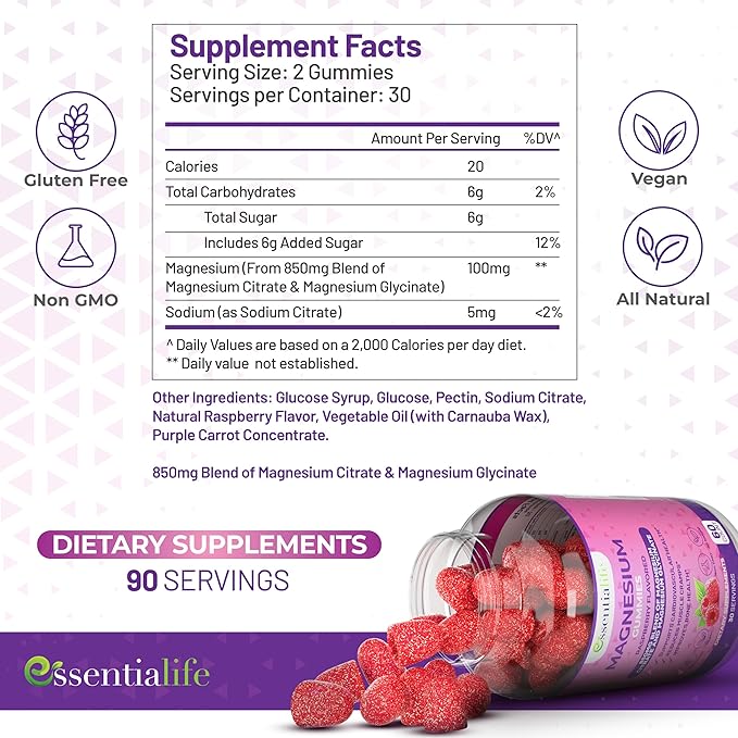 Magnesium Gummies 3 Packs Essentialife 100mg Per Serving - Blend of Magnesium Citrate &amp Magnesium Glycinate - Supports Digestion - Stay Calm &amp Wake Up Energized with Magnesium Supplements for