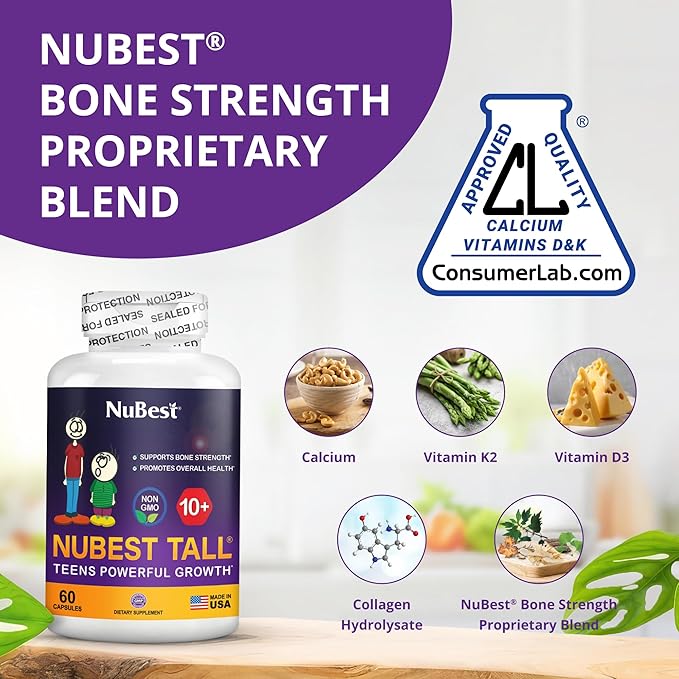NuBest Tall 10+ Premium Bone Strength Formula Enhanced Immunity and Overall Health for Age 10+ with Calcium Vitamin D3 Vitamin K2 and Multivitamins | Pack 12