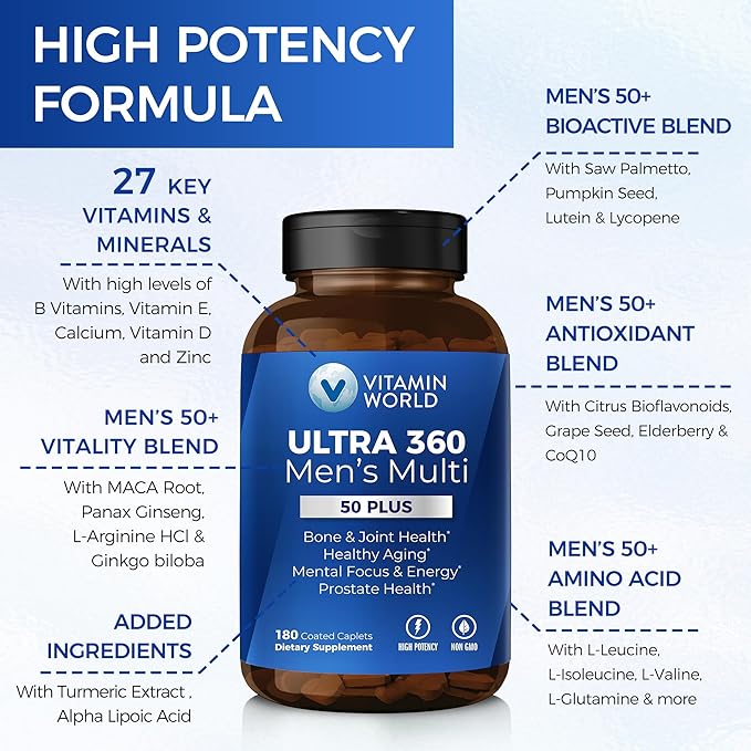 Vitamin World Ultra 360 Multivitamin for Men 50 Plus Men's 50+ Multivitamin with Minerals &amp Herbs for Prostate Function Supplement with Vitamin A C D E &amp Zinc for Healthy Aging 180 Caple
