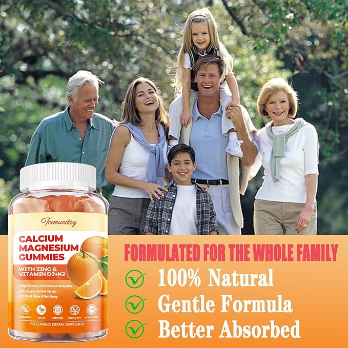 Calcium Magnesium Zinc Gummies with Vitamin D3 &amp K2 - High Absorption Magnesium Glycinate 400mg - Sugar Free Calcium Supplement - Support Nerve Muscle Mood &amp Immunity - for Adults Men Women Ki