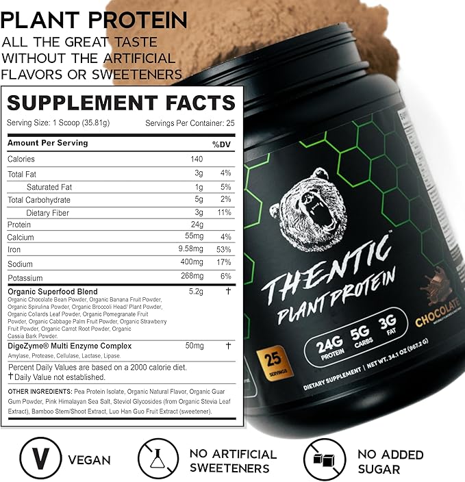THENTIC Plant Based Protein Powder - Non Dairy Vegan Protein Zero Artificial IngredientsSoy &amp Gluten FreeNo Added Sugar5.8g BCAADigestive EnzymesOrganic Superfoods.25 Servings (Chocolate) 2.