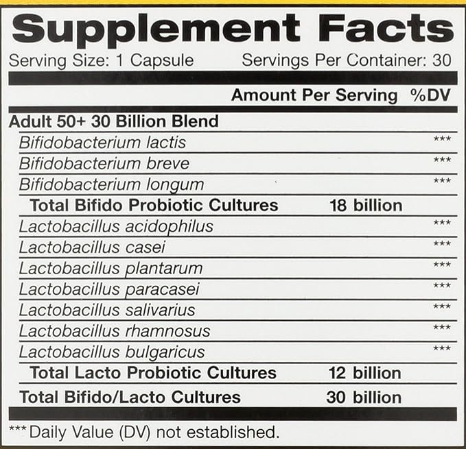 Renew Life Probiotic Adult 50 Plus Probiotic Capsules Daily Supplement Supports Urinary Digestive and Immune Health L. Rhamnosus GG Dairy Soy and gluten-free 30 Billion CFU 30 Count
