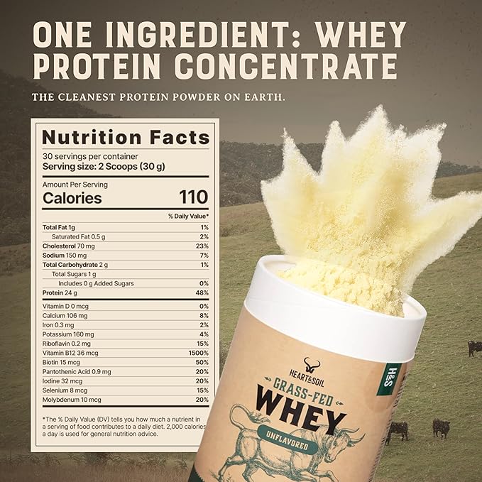 HEART &amp SOIL 100% Grass Fed Protein Powder – Single Ingredient: Whey Protein Concentrate - UNFLAVORED – Cold-Processed to Preserve Nutrients – 24g of Pure Grass Fed Whey Per Serving – 2lbs