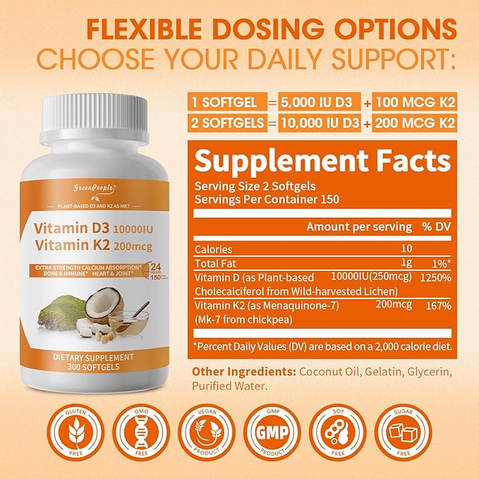 GREENPEOPLE K2 D3 Vitamin Supplement Vitamin D-3 &amp K-2 MK-7 10000 IU/200 mcg with Virgin Non-GMO Coconut MCT Oil | 300 Vegan Softgels | Bone Health Immune Support