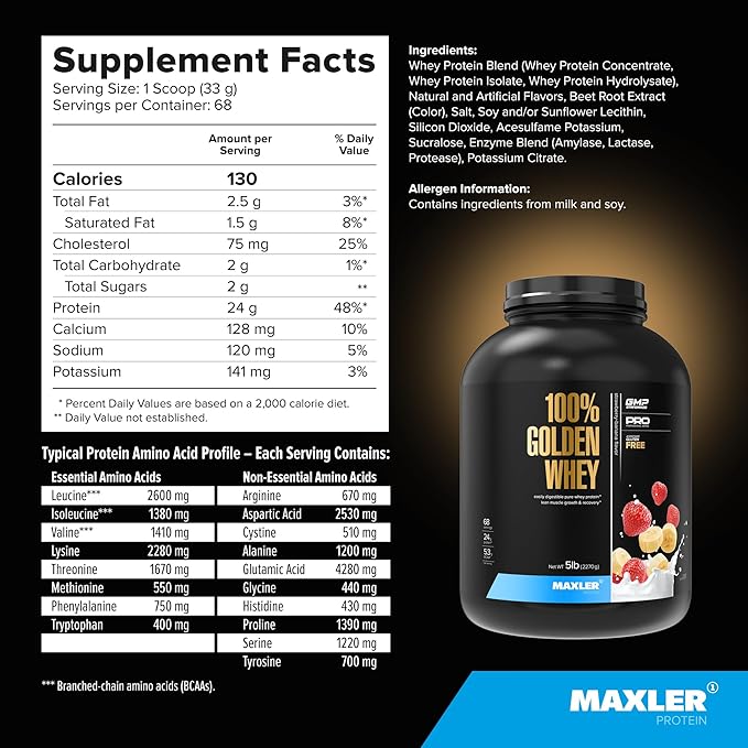 Maxler 100% Golden Whey Protein - 24g of Protein per Serving - Whey Protein Powder for Pre Post Workout - Fast-Absorbing Whey Concentrate Isolate &amp Hydrolysate Blend - Strawberry Banana 5 lb