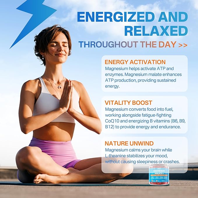 Magnesium Malate Gummies - Magnesium 400mg L-5-MTHF Folate 680mcg Methyl B12 B6 L-Theanine &amp CoQ10 - Sugar Free Methylated Magnesium Complex for Women Men Methylation Energy Muscle &amp Ca