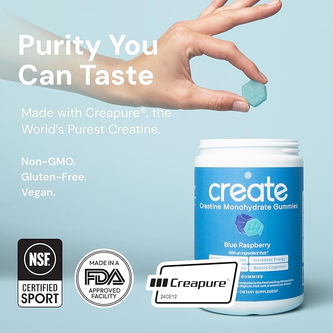 Create Creatine Monohydrate Gummies for Men &amp Women Boost Focus Strength and Endurance Anti-Melting Formula Vegan Gluten-Free Non-GMO 1.5g of Creatine per Gummy (Blue Raspberry)