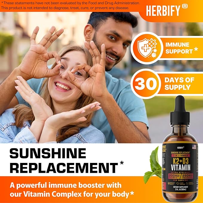 HERBIFY Bundle - K2 and D3 Drops &amp Biotin and Collagen Drops - Bone Strength &amp Hair Skin Nails Support