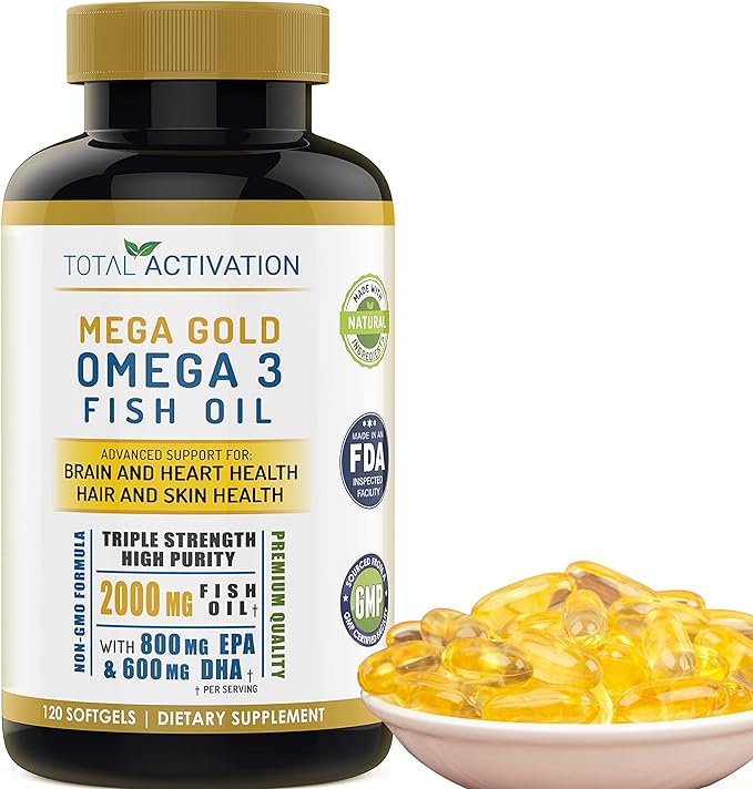 Omega 3 Fish Oil Supplement – 2000mg with EPA DHA &amp Vitamin E – Burpless Triple Strength Support for Men &amp Women – 120 Easy Swallow Softgels