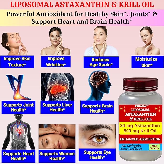 Nikoni Liposomal Astaxanthin 24mg with Kril Oil 500mg Supplement (240 Softgelss)
