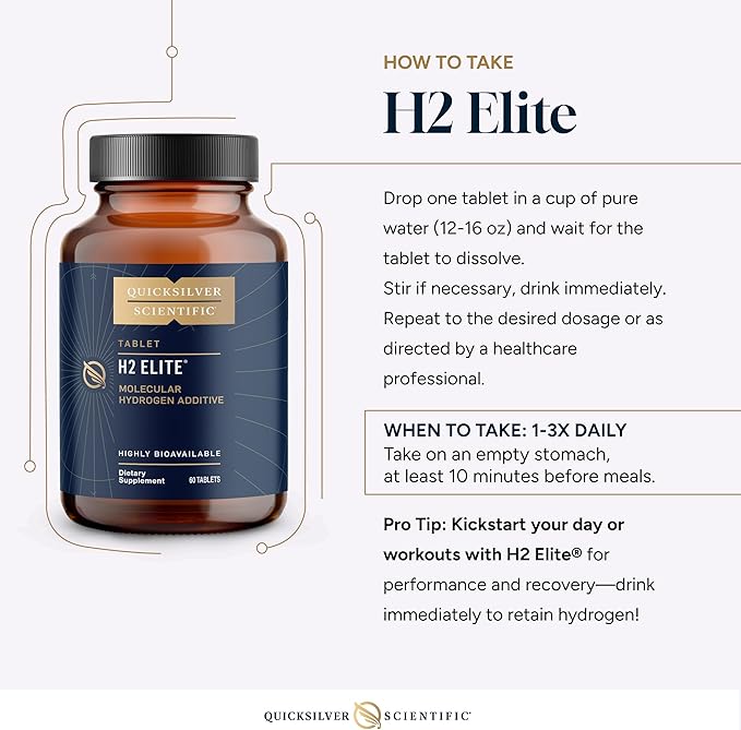 Quicksilver Scientific H2 Elite - Molecular Hydrogen for Energy + Metabolism Support Water Tablets Perfect for Open Containers - Magnesium Malate Drink Additive (60 Molecular Hydrogen Tablets)