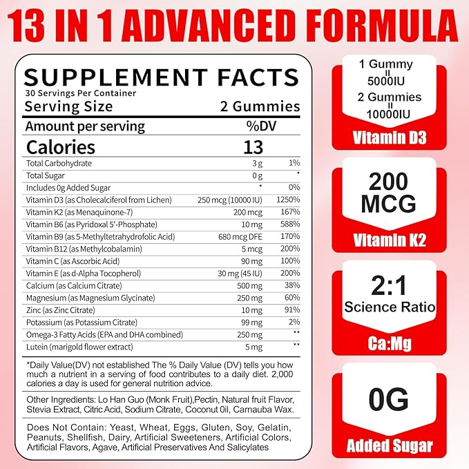 Organic Women’s D3 K2 Vitamin Gummies: D3 10000 IU Chewable Vegan Multivitamins Supplement with B12 B6 B9 Plus Magnesium Omega Zinc Calcium - for Immune Energy Skin Support (120Count)