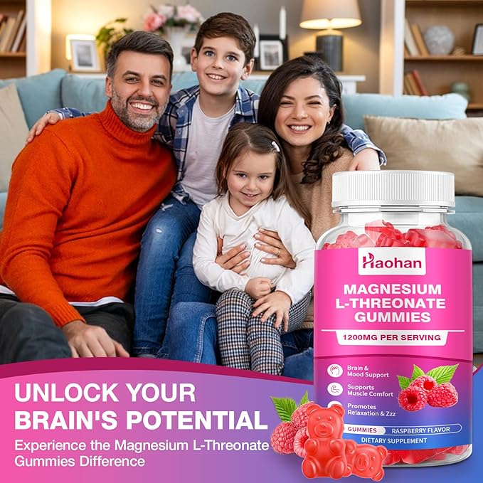 Magnesium L-Threonate 1200mg Gummies to Support Focus &amp Muscles Sugar-Free Raspberry Flavor 120 Count for Adults &amp Kids