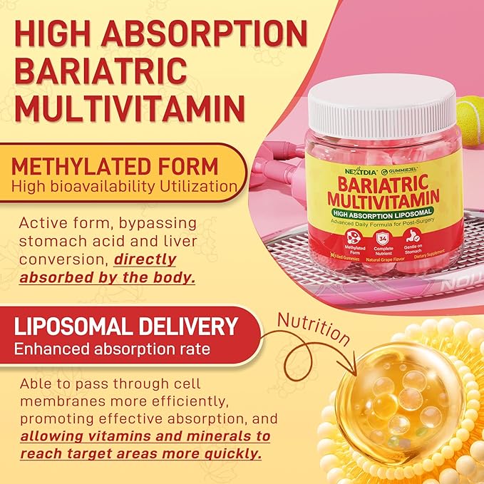 Liposomal Methylated Bariatric Multivitamin Gummies with Iron for Women &amp Men High Absorption Multivitamin w/CoQ 10 Probiotic Digestive Enzymes Support Gastric Bypass &amp Sleeve Recover Ener